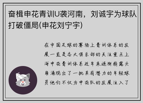 奋楫申花青训U袭河南，刘诚宇为球队打破僵局(申花刘宁宇)