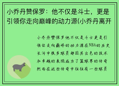 小乔丹赞保罗：他不仅是斗士，更是引领你走向巅峰的动力源(小乔丹离开保罗)