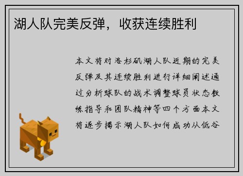 湖人队完美反弹，收获连续胜利