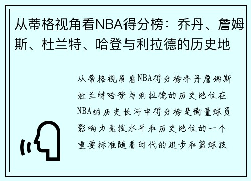 从蒂格视角看NBA得分榜：乔丹、詹姆斯、杜兰特、哈登与利拉德的历史地位如何？