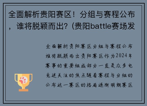 全面解析贵阳赛区！分组与赛程公布，谁将脱颖而出？(贵阳battle赛场发生群殴)